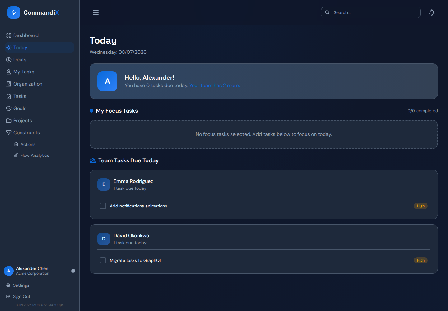 Today view with focus tasks, assigned work, and daily check-in controls.
