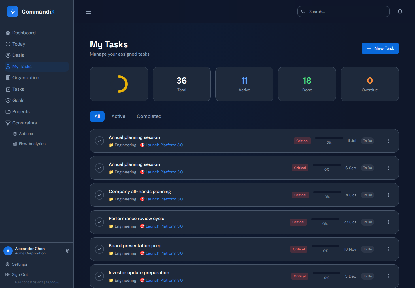 My Tasks shows personal work with status, priority, progress, recurrence, subtasks, dependencies, and calendar options.