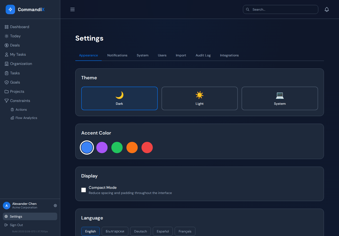 Settings view with appearance, system, user management, import, audit, and integrations tabs.