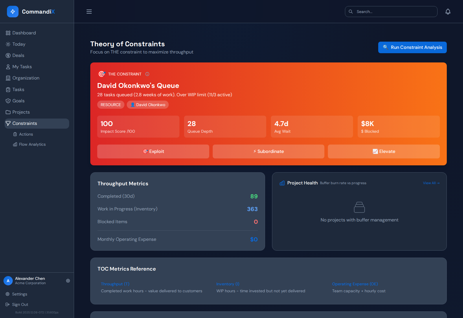 Constraints dashboard with identified constraint, evidence, impact score, queue depth, business exposure, and action buttons.