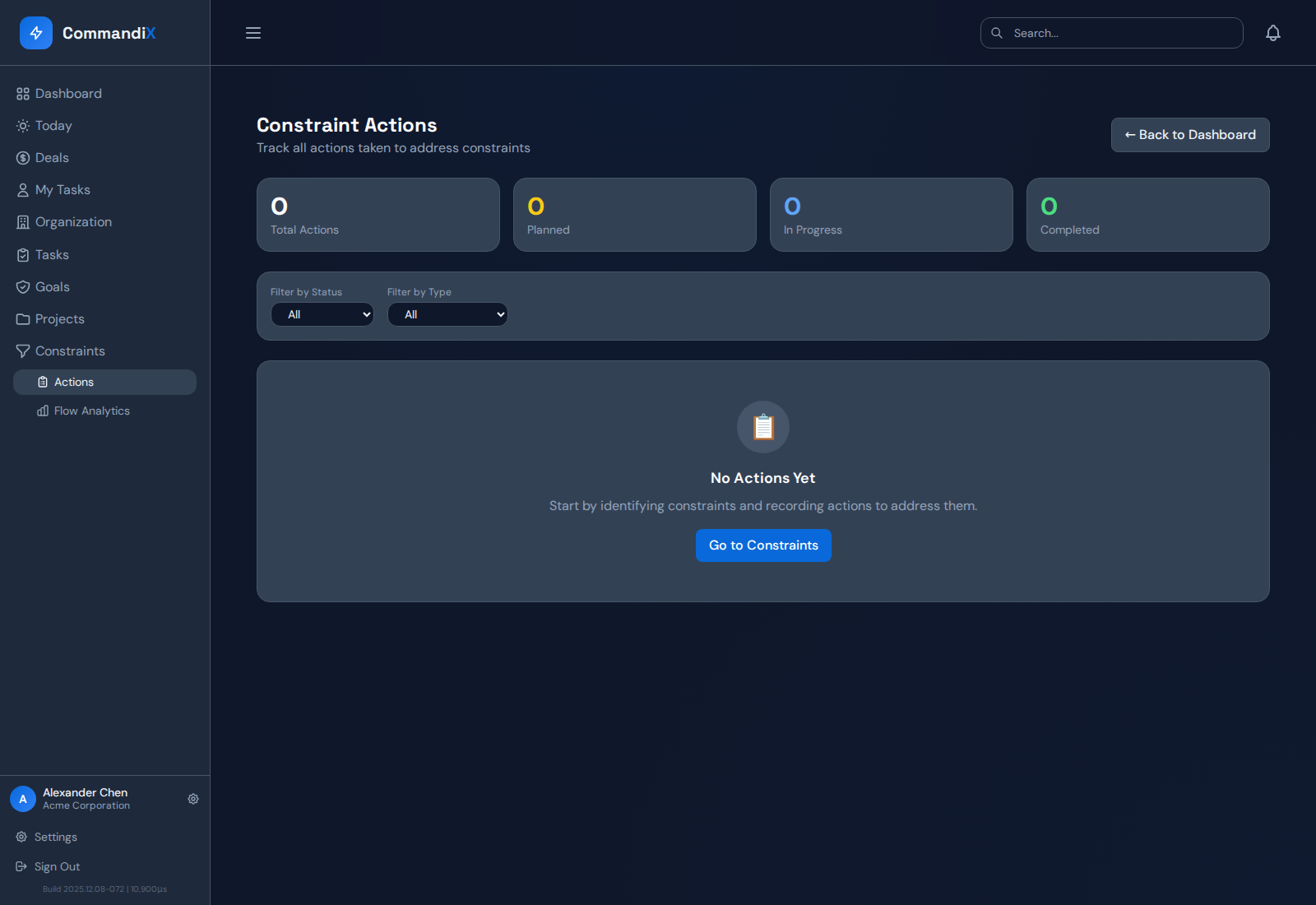 TOC Actions page tracks exploit, subordinate, and elevate actions by status and constraint.